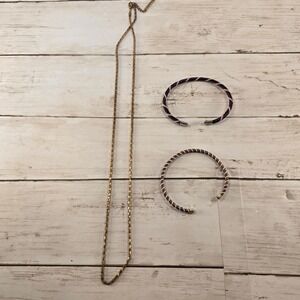 VTG Gold Tone Rope Chain Necklace & 2 Twisted Cable Cuff‎ Bracelets Jewelry Lot